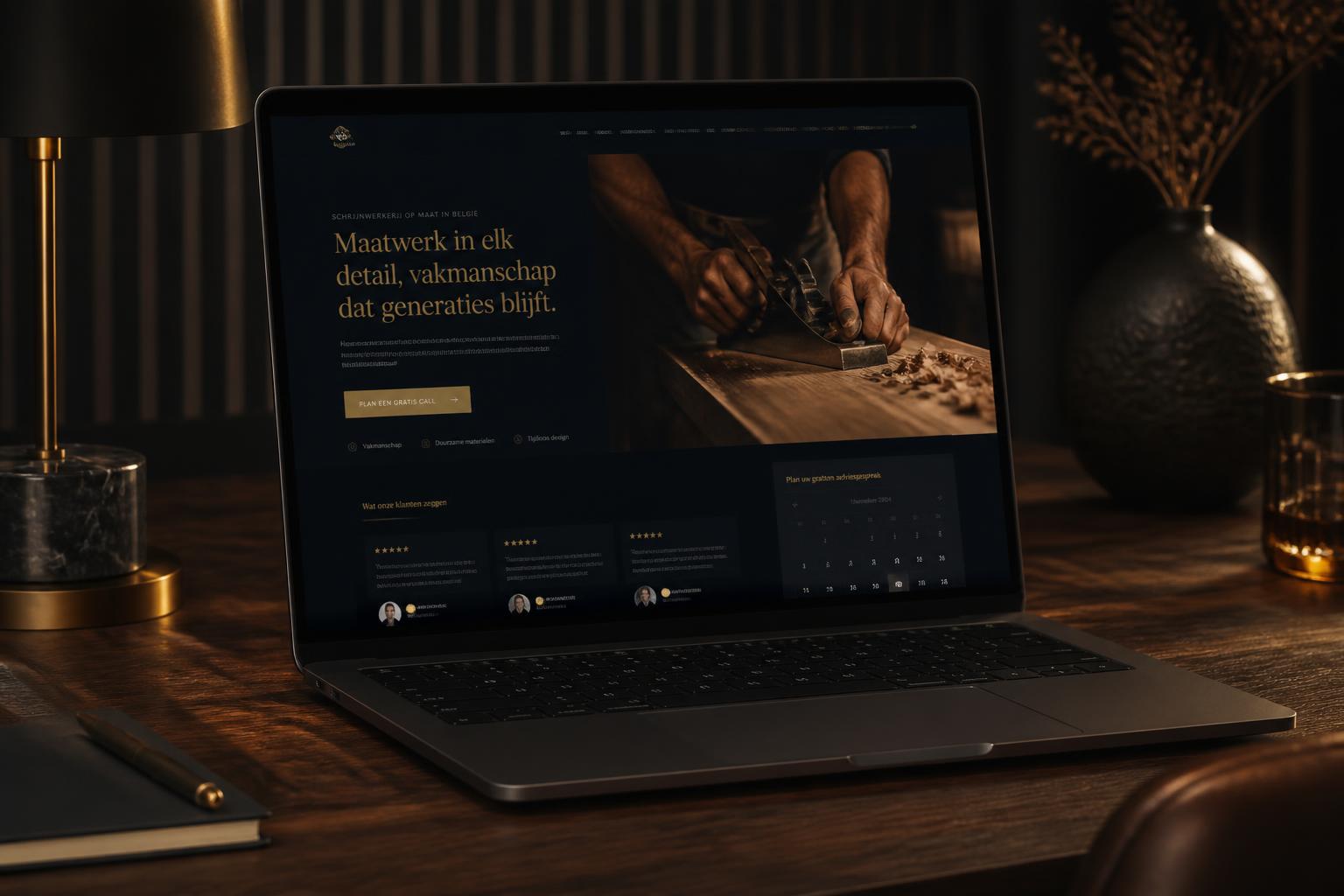 Premium website op maat voor een Belgische schrijnwerkerij op een laptop, donker thema met gouden accenten en een duidelijke call-to-action